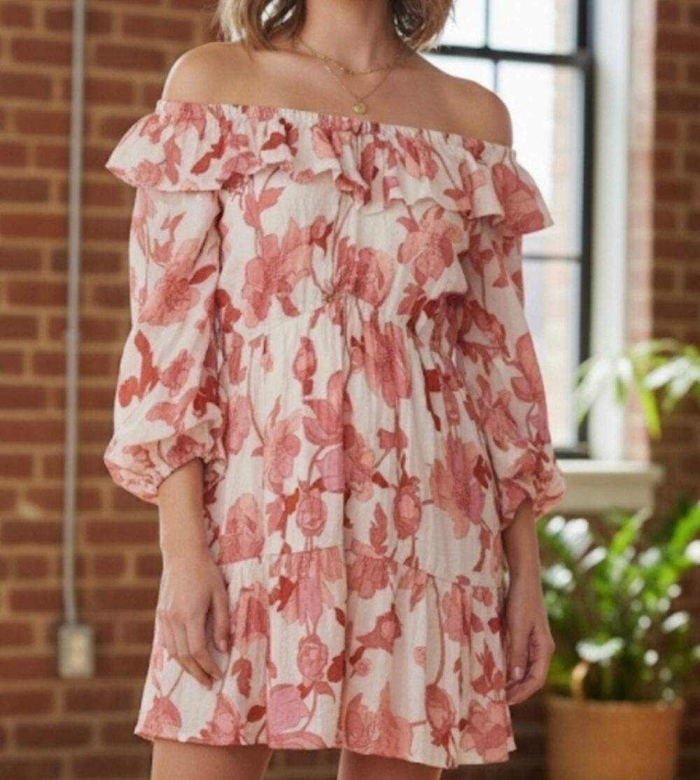 New! Vici Fate Collaboration Pink Floral Off Shoulder Ruffle Mini Dress Small